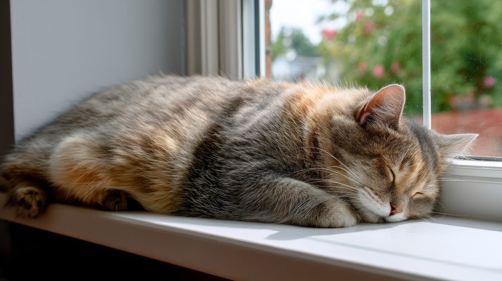 Un gros chat est allongé, les yeux fermés, sur le rebord d'une fenêtre